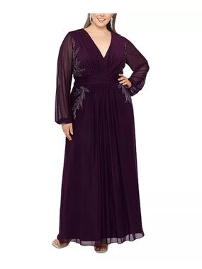 Betsy & Adam Plum Embellished V-Neck Long Sleeve Maxi Dress